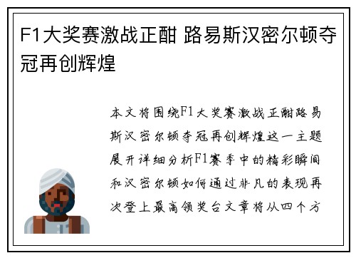 F1大奖赛激战正酣 路易斯汉密尔顿夺冠再创辉煌