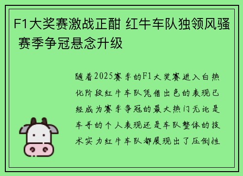 F1大奖赛激战正酣 红牛车队独领风骚 赛季争冠悬念升级 F1大奖赛激战正酣 红牛车队独领风骚 赛季争冠悬念升级