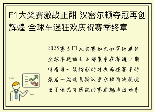 F1大奖赛激战正酣 汉密尔顿夺冠再创辉煌 全球车迷狂欢庆祝赛季终章 F1大奖赛激战正酣 汉密尔顿夺冠再创辉煌 全球车迷狂欢庆祝赛季终章