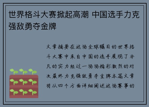 世界格斗大赛掀起高潮 中国选手力克强敌勇夺金牌